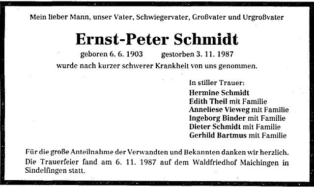 Schmidt Ernst Peter 1903-1987 Todesanzeige